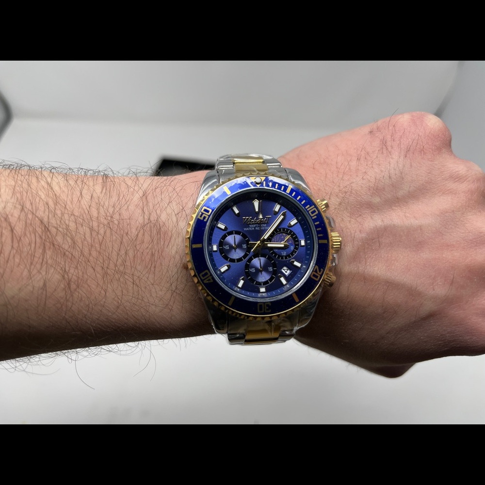 Mens stainless steel Watch sport waterproof silver gold blue two tone